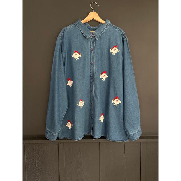 Vintage Tops - Vintage Christmas Denim Chambray Novelty Santa Embroidered Holiday Shirt Size 3X
